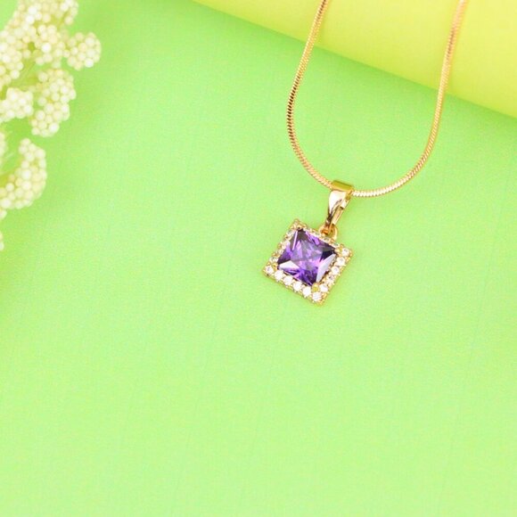 "Rose Gold Pendant with Purple Princess-Cut Stone and Crystal Border, XPPT1277 - Picture 2 of 13